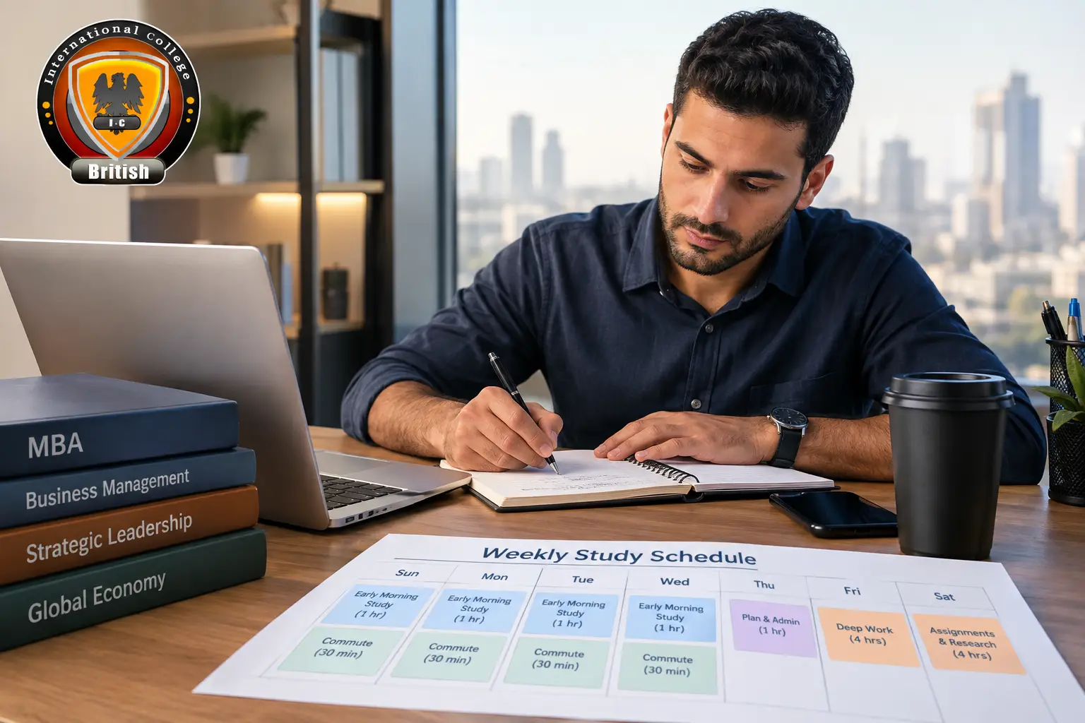 A working professional reviewing a weekly study schedule on a laptop to manage time for an online master's degree.